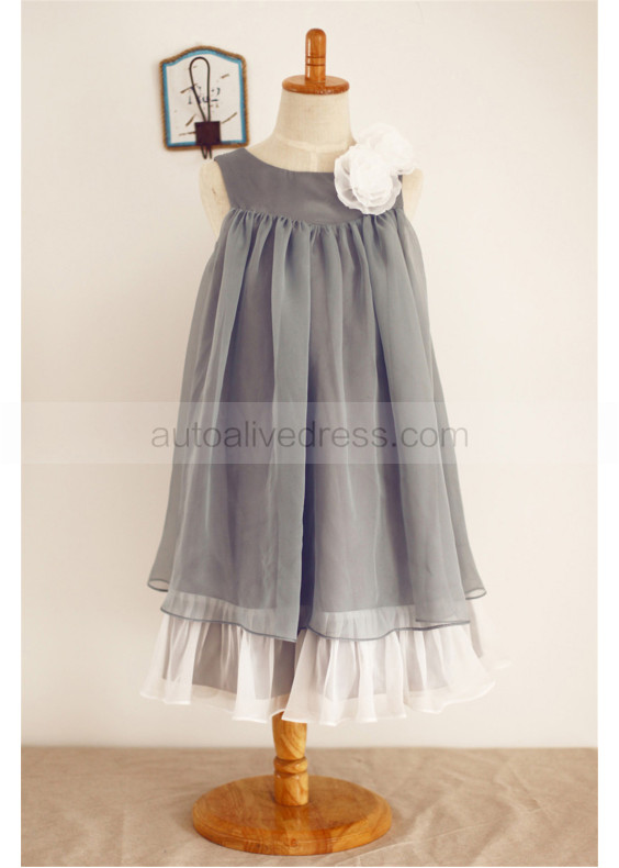 Gray Chiffon Beach Wedding Flower Girl Dress With Ivory Flowers